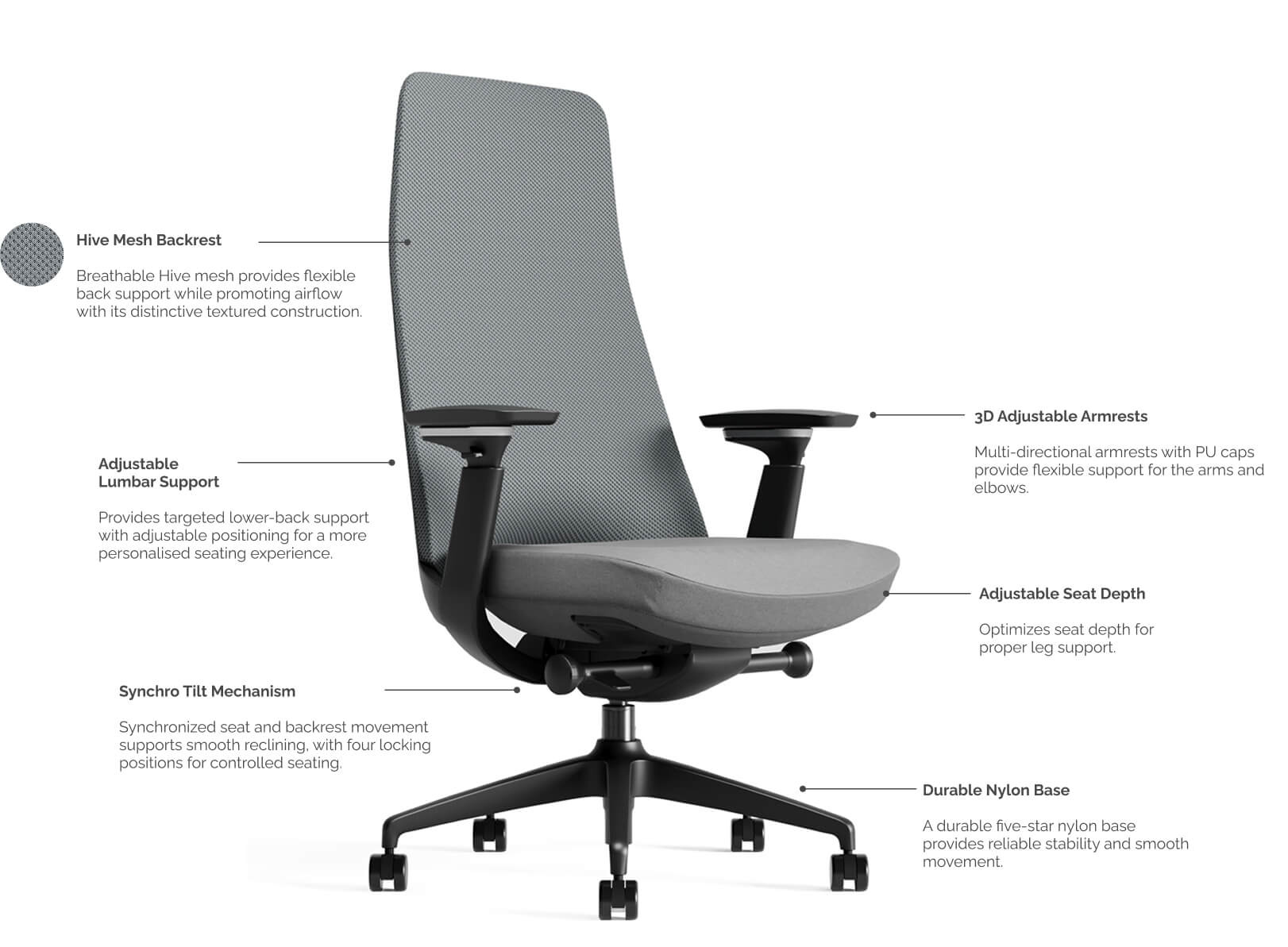 Yukon Grey Ergonomic Chair